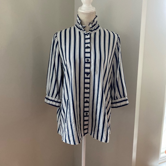 Beau Chemise Navy White Striped Ruffle Collar Button Front Tunic Blouse - Picture 1 of 6